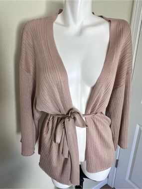 Mango Taupe Ribbed Tie-Front Cardigan